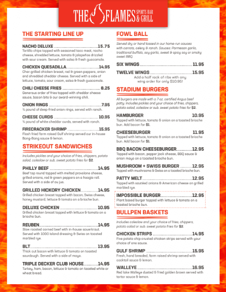 Menu for The Flames Sports Bar & Grill