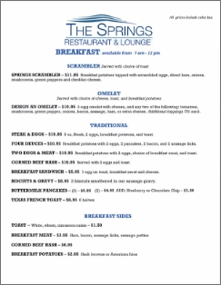 Menu for The Springs at Carter Casino